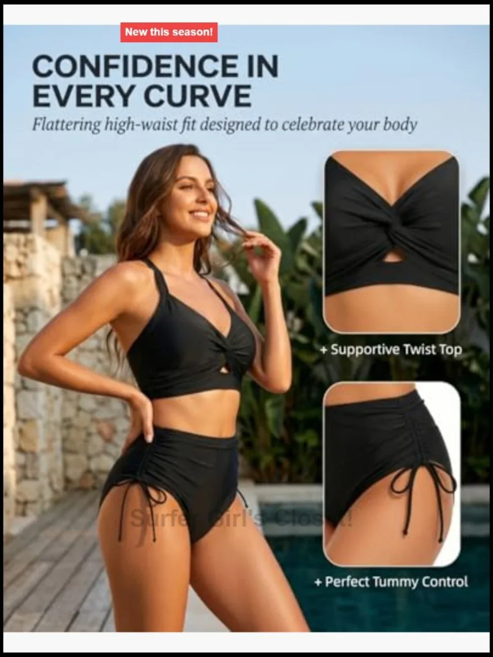 High Waisted V Neck Bikini Set with Adjustable Straps and Ruched Tummy Control